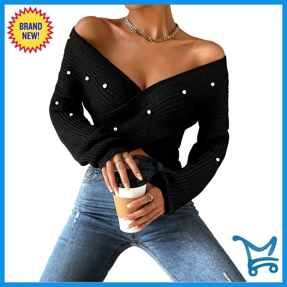 Off-Shoulder Wrap Sweater V-Neck Long Sleeve Pearl Embellished Cropped Pullover